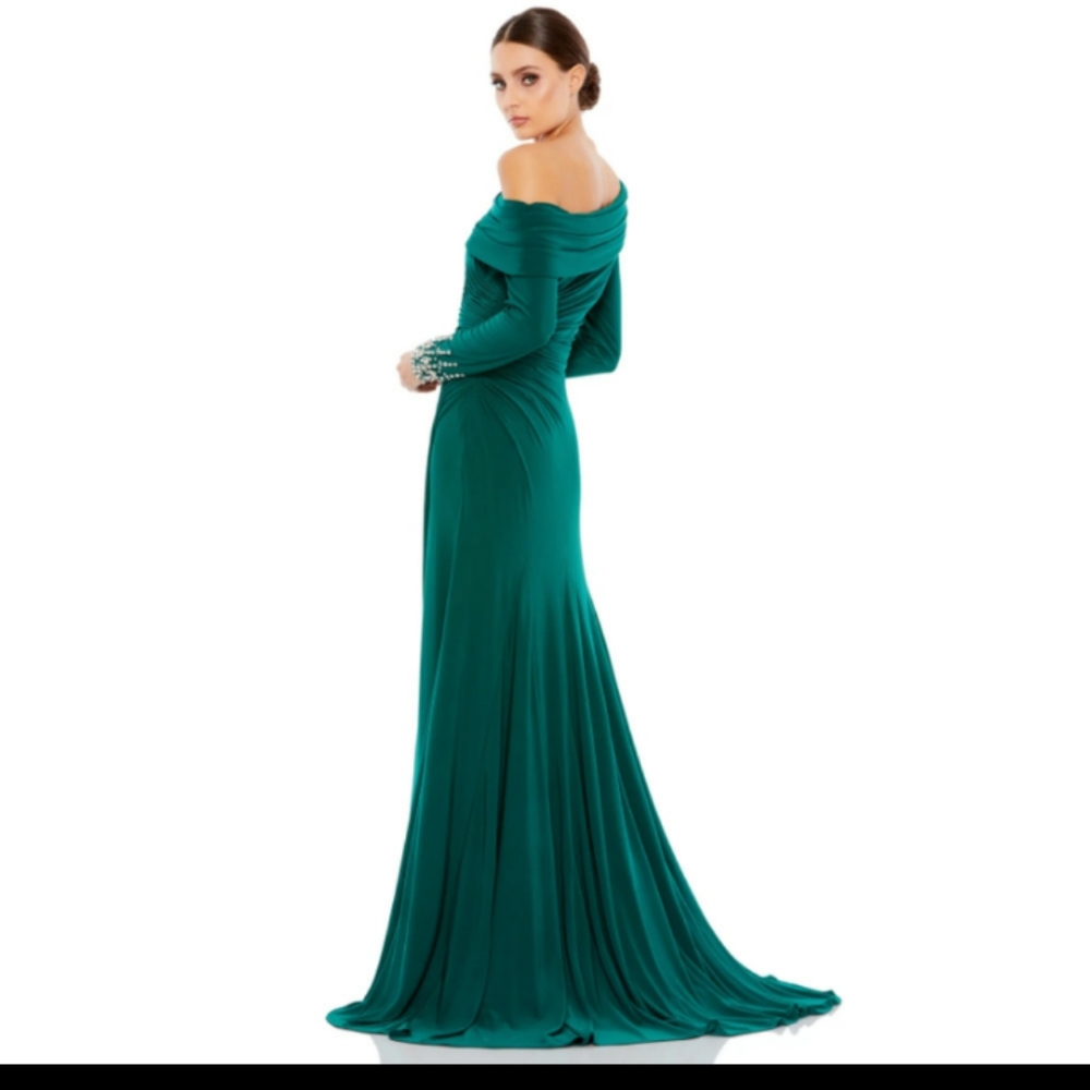Asymmetrical Off Shoulder Green Mac Duggal Gown
